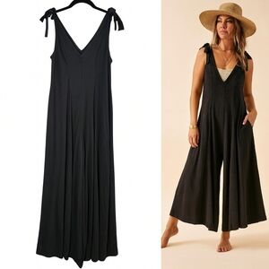 FP Beach Alice One Piece Tie Shoulder Wide Leg Jumpsuit in Charcoal Black XS